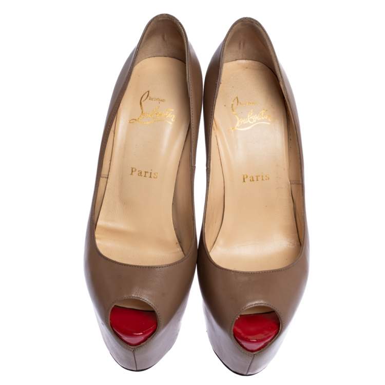 Pre Owned Christian Louboutin Beige Leather Highness Peep Toe Platform Pumps Size 38