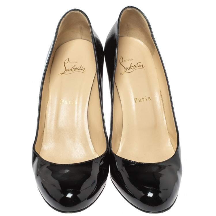 Pre Owned Christian Louboutin Black Patent Leather Block Heel Pumps Size 39.5