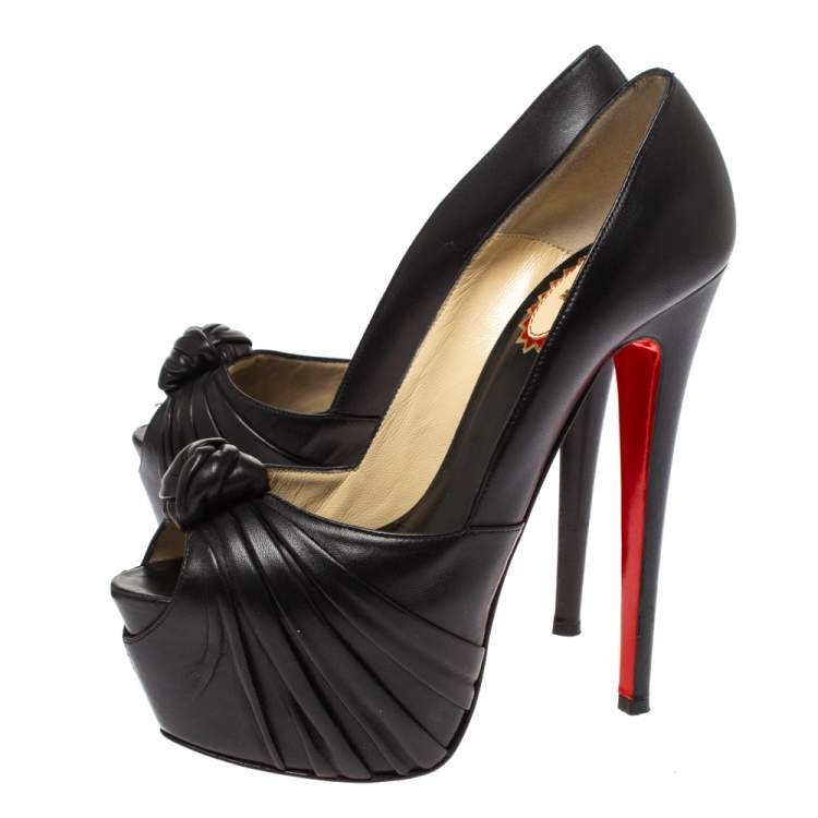 Pre Owned Christian Louboutin Black Leather Lady Gres Knotted Peep Toe Pumps Size 38.5