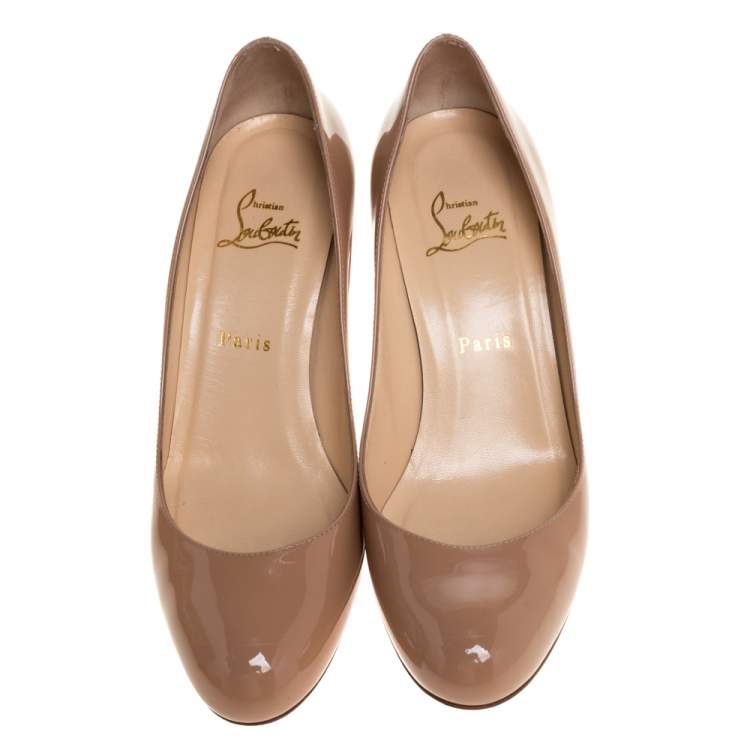 Pre Owned Christian Louboutin Beige Patent Leather Simple Pumps Size 39.5