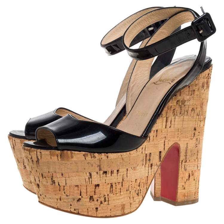 Pre Owned Christian Louboutin Black Patent Leather Super Dombasle Cork Platform Ankle Strap Sandals Size 38