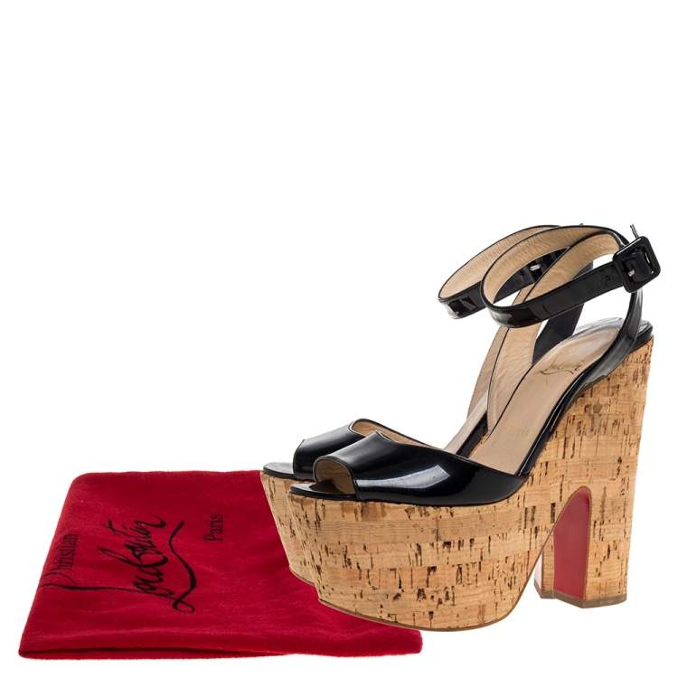 Pre Owned Christian Louboutin Black Patent Leather Super Dombasle Cork Platform Ankle Strap Sandals Size 38