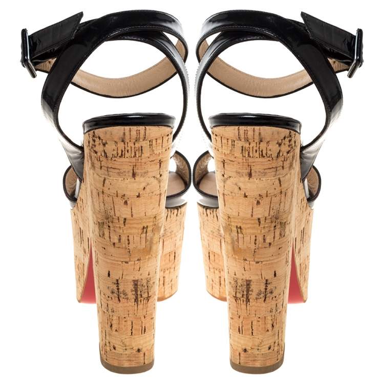 Pre Owned Christian Louboutin Black Patent Leather Super Dombasle Cork Platform Ankle Strap Sandals Size 38