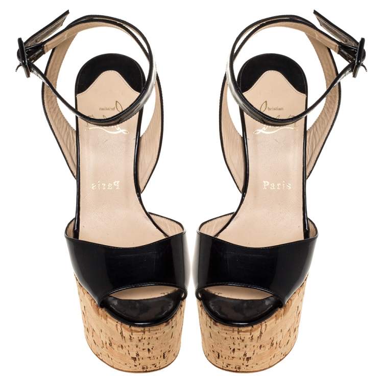 Pre Owned Christian Louboutin Black Patent Leather Super Dombasle Cork Platform Ankle Strap Sandals Size 38