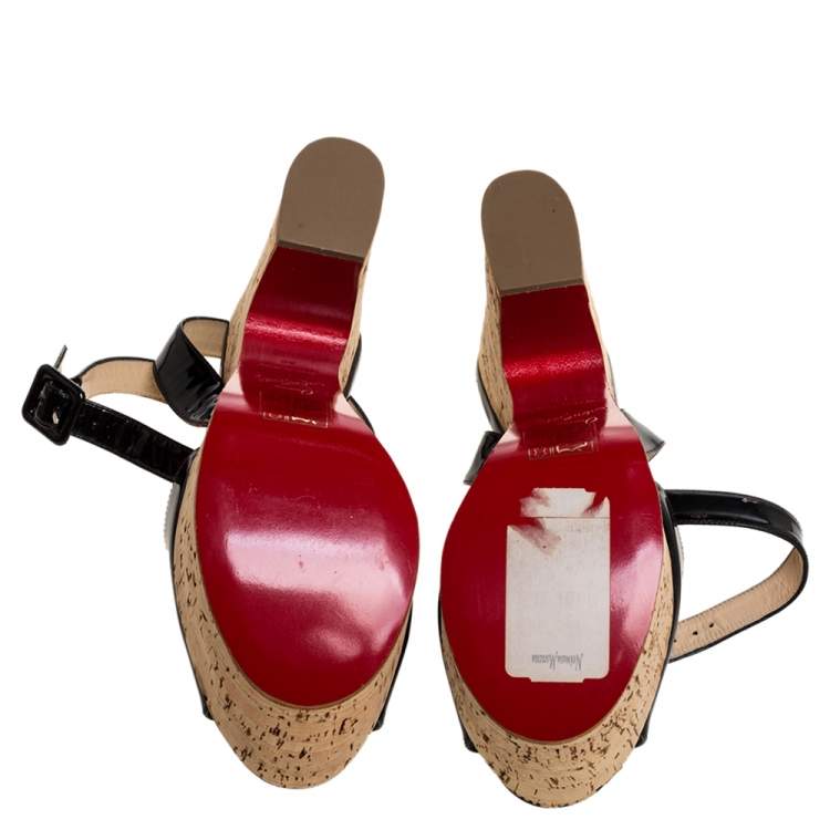 Pre Owned Christian Louboutin Black Patent Leather Super Dombasle Cork Platform Ankle Strap Sandals Size 38