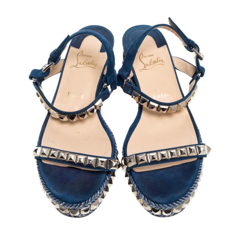 Pre Owned Christian Louboutin Blue Suede Pyraclou Studded Ankle Strap Platform Sandals Size 40