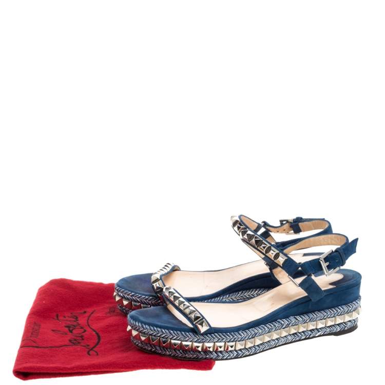 Pre Owned Christian Louboutin Blue Suede Pyraclou Studded Ankle Strap Platform Sandals Size 40