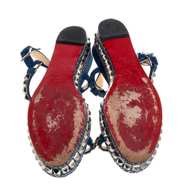Pre Owned Christian Louboutin Blue Suede Pyraclou Studded Ankle Strap Platform Sandals Size 40