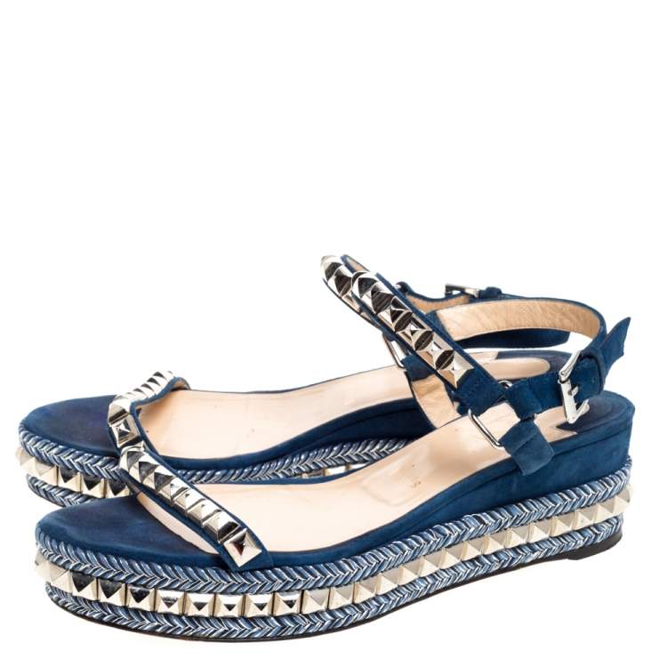 Pre Owned Christian Louboutin Blue Suede Pyraclou Studded Ankle Strap Platform Sandals Size 40