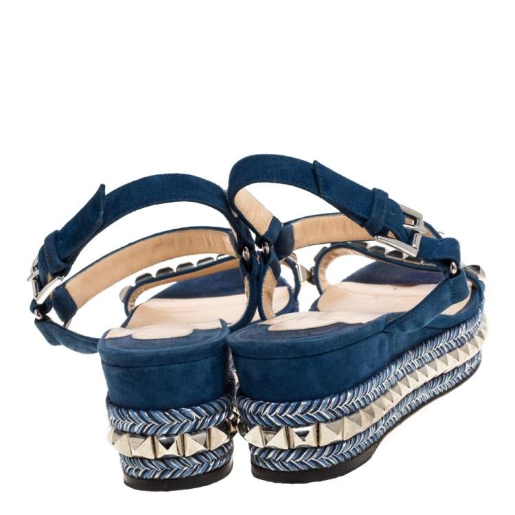 Pre Owned Christian Louboutin Blue Suede Pyraclou Studded Ankle Strap Platform Sandals Size 40