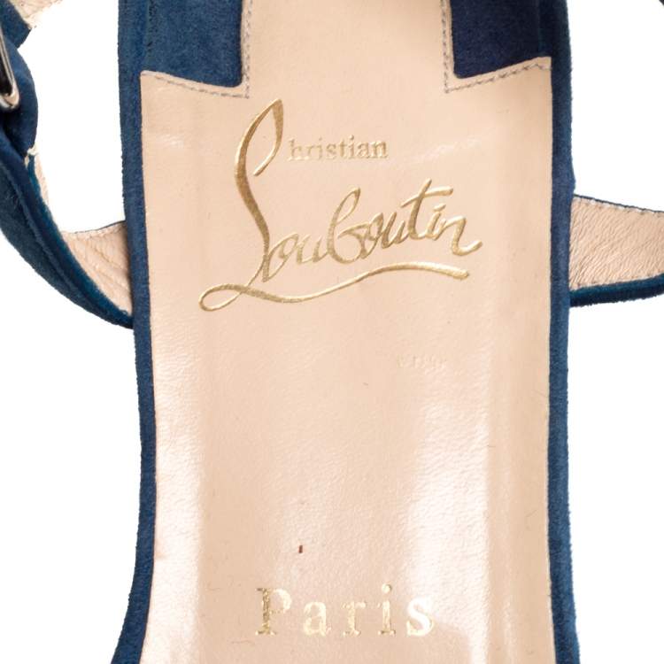 Pre Owned Christian Louboutin Blue Suede Pyraclou Studded Ankle Strap Platform Sandals Size 40