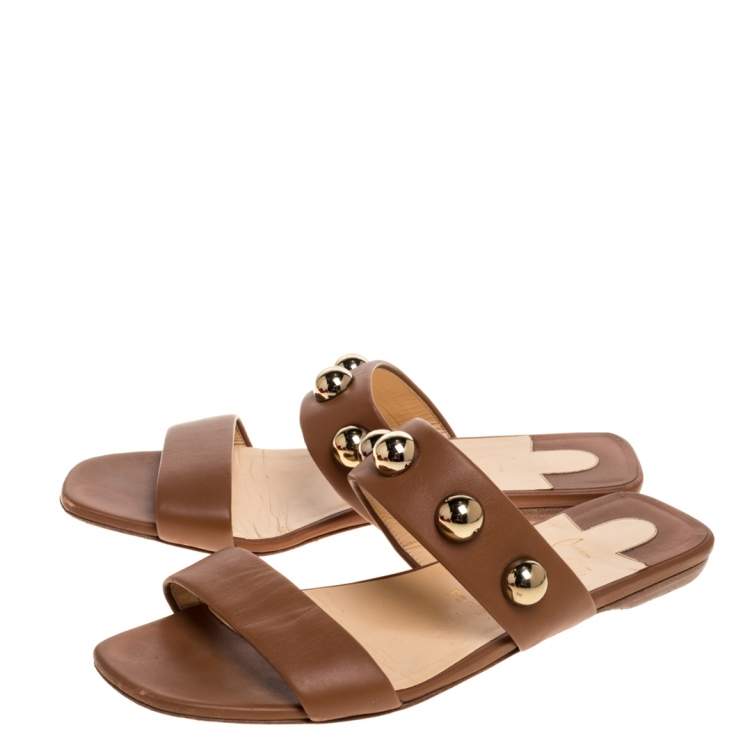 Pre Owned Christian Louboutin Brown Leather Simple Bille Flat Sandals Size 38.5