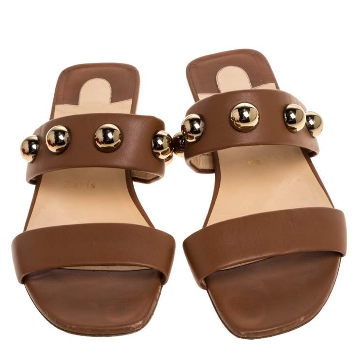Pre Owned Christian Louboutin Brown Leather Simple Bille Flat Sandals Size 38.5