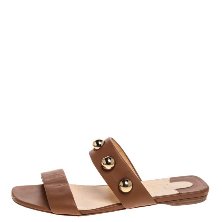 Pre Owned Christian Louboutin Brown Leather Simple Bille Flat Sandals Size 38.5