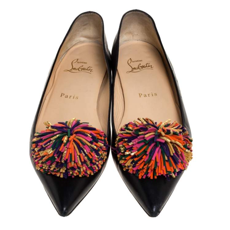 Pre Owned Christian Louboutin Black Leather 'Konstantina' Pom Pom Ballet Flats Size 37