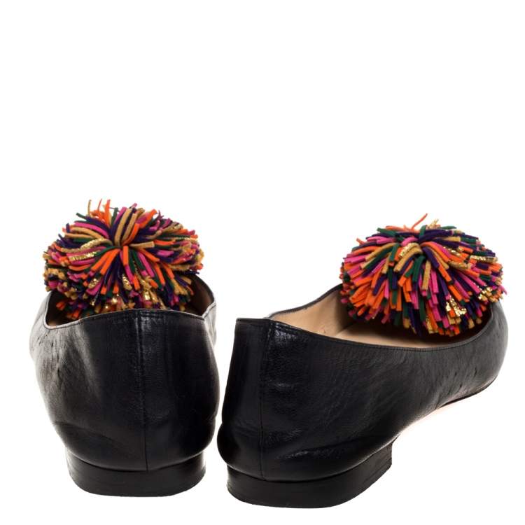 Pre Owned Christian Louboutin Black Leather 'Konstantina' Pom Pom Ballet Flats Size 37
