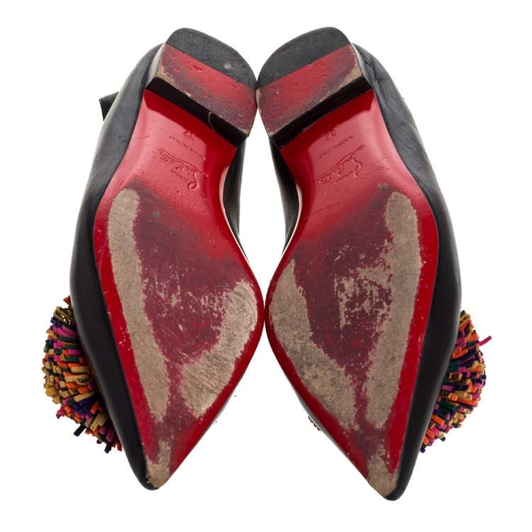 Pre Owned Christian Louboutin Black Leather 'Konstantina' Pom Pom Ballet Flats Size 37