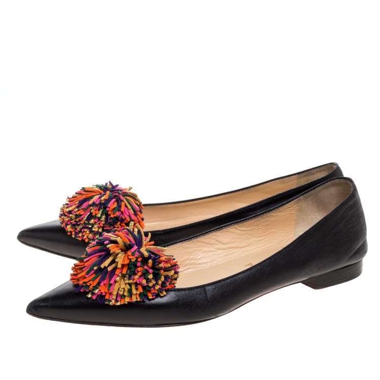 Pre Owned Christian Louboutin Black Leather 'Konstantina' Pom Pom Ballet Flats Size 37
