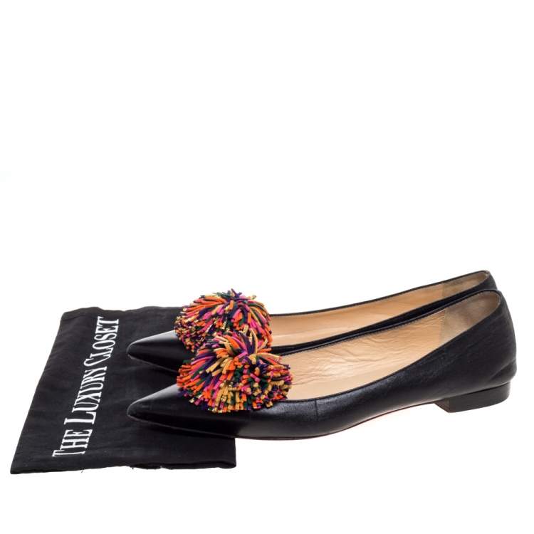 Pre Owned Christian Louboutin Black Leather 'Konstantina' Pom Pom Ballet Flats Size 37