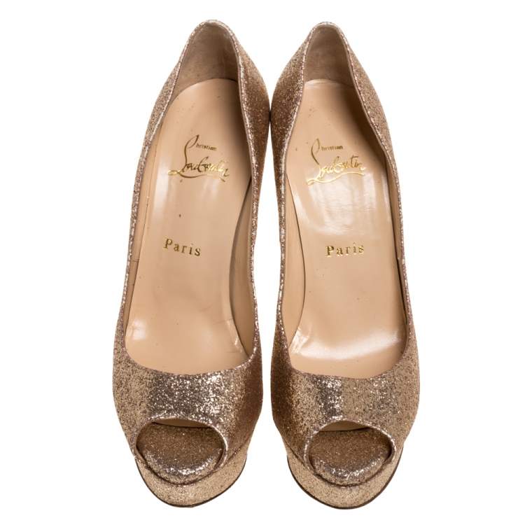 مملوكة مسبقًا Christian Louboutin Gold Glitter Lady Peep Toe Platform Pumps Size 38.5