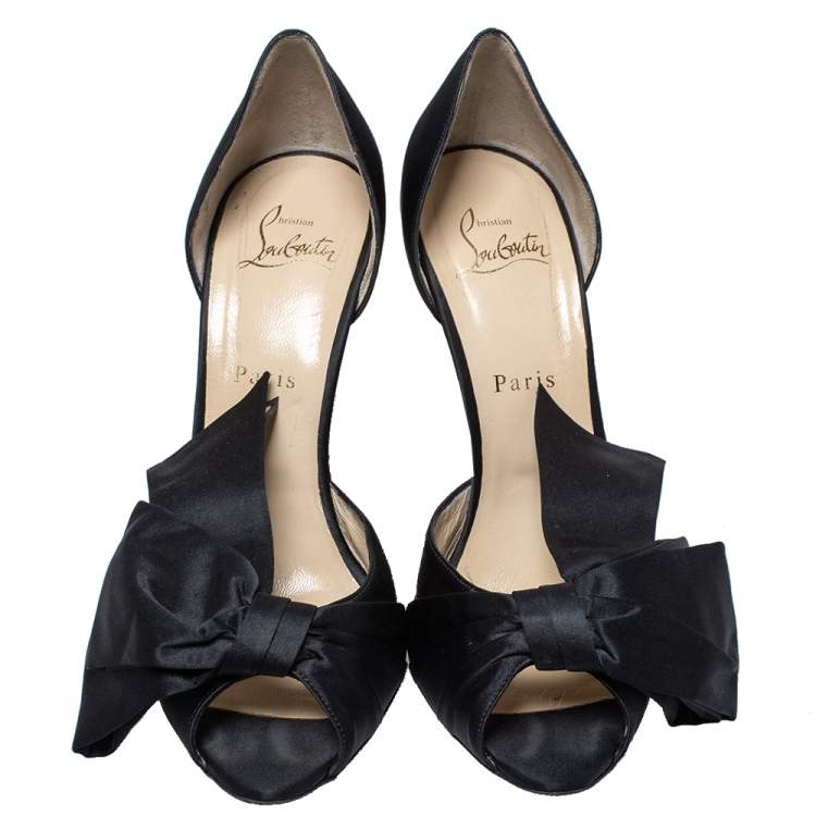 Pre Owned Christian Louboutin Black Satin Bow T Dorcet Peep Toe Pumps Size 39