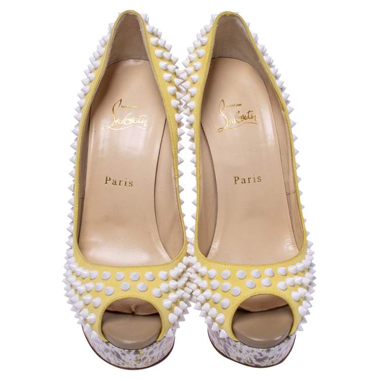 Pre Owned Christian Louboutin Multicolor Lady Peep Toe Spikes Platform Pumps Size 39