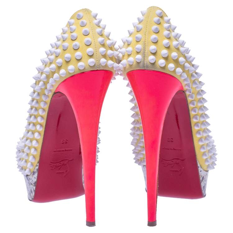 Pre Owned Christian Louboutin Multicolor Lady Peep Toe Spikes Platform Pumps Size 39