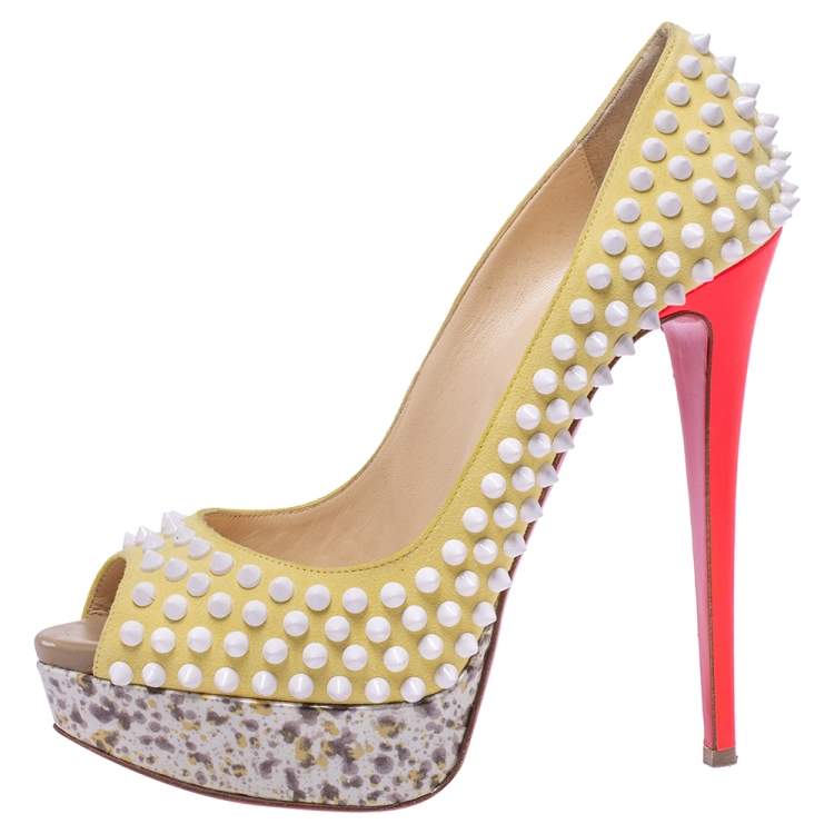 Pre Owned Christian Louboutin Multicolor Lady Peep Toe Spikes Platform Pumps Size 39