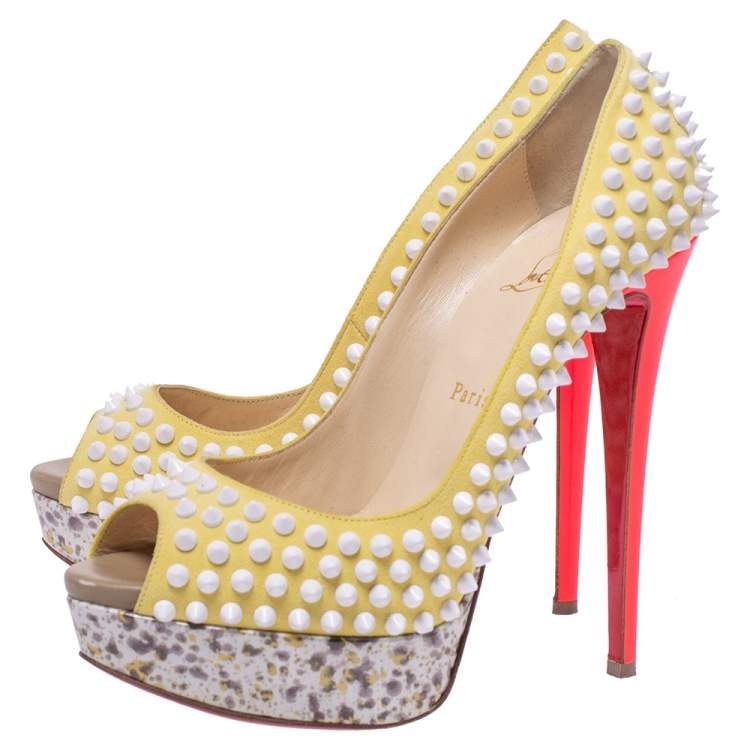 Pre Owned Christian Louboutin Multicolor Lady Peep Toe Spikes Platform Pumps Size 39