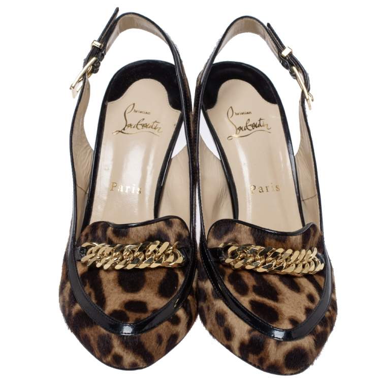 Pre Owned Christian Louboutin Leopard Print Pony Hair And Black Patent Trim Chain Embellished Slingback Sandals Size 40