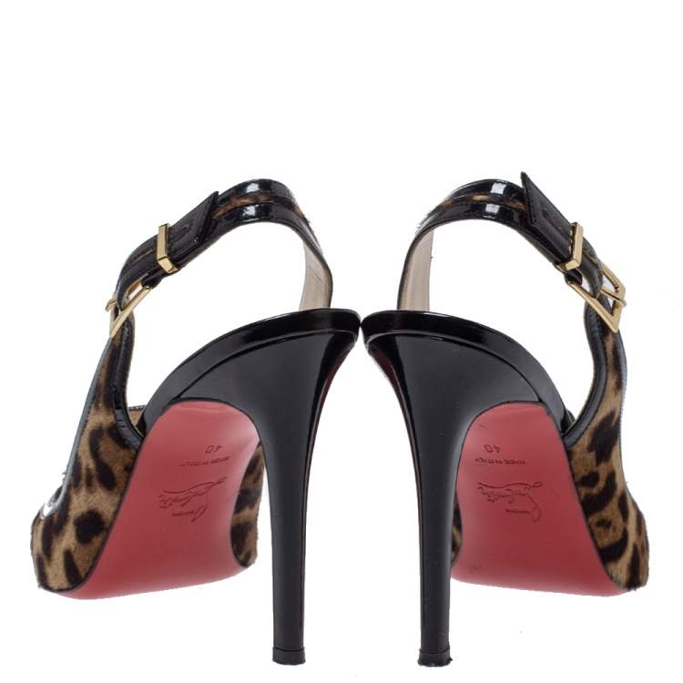 Pre Owned Christian Louboutin Leopard Print Pony Hair And Black Patent Trim Chain Embellished Slingback Sandals Size 40