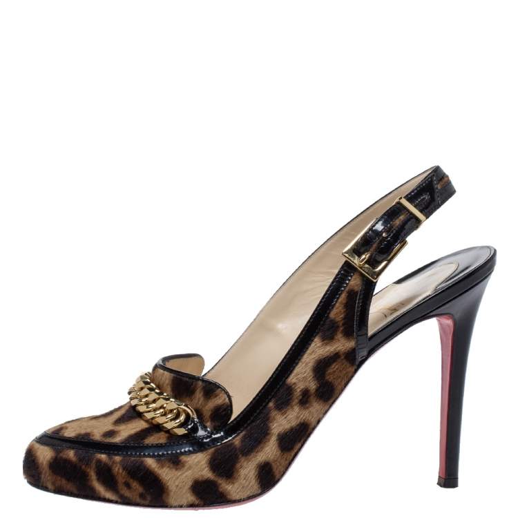 Pre Owned Christian Louboutin Leopard Print Pony Hair And Black Patent Trim Chain Embellished Slingback Sandals Size 40