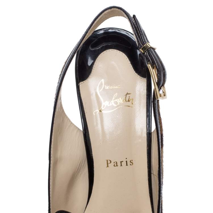 Pre Owned Christian Louboutin Leopard Print Pony Hair And Black Patent Trim Chain Embellished Slingback Sandals Size 40