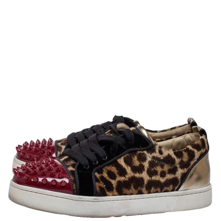 Pre Owned Christian Louboutin Multicolor Leopard Print Pony Hair And Patent Leather Louis Junior Spikes Sneakers Size 37.5
