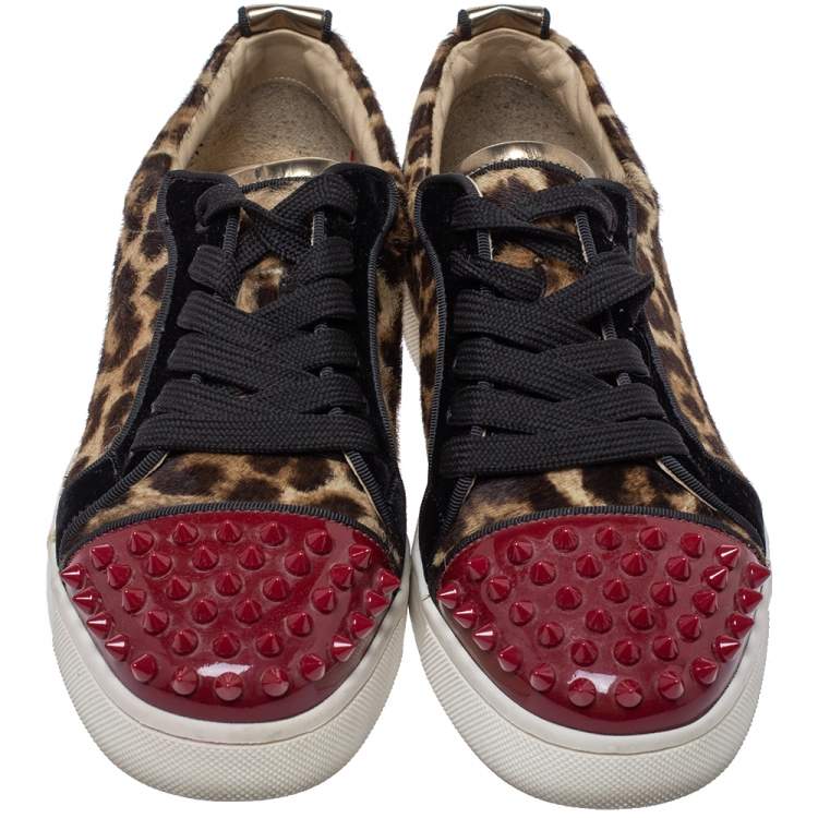 Pre Owned Christian Louboutin Multicolor Leopard Print Pony Hair And Patent Leather Louis Junior Spikes Sneakers Size 37.5