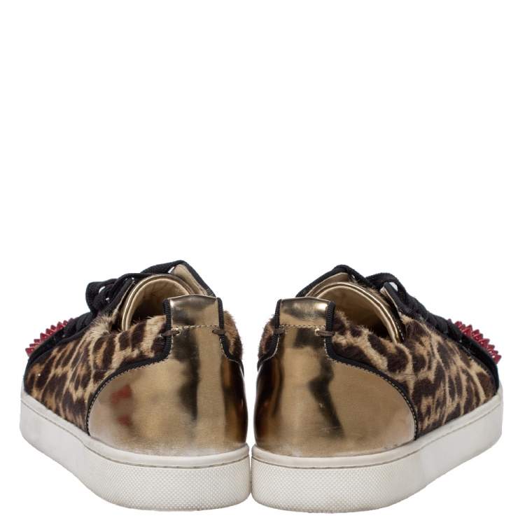 Pre Owned Christian Louboutin Multicolor Leopard Print Pony Hair And Patent Leather Louis Junior Spikes Sneakers Size 37.5