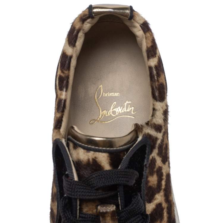 Pre Owned Christian Louboutin Multicolor Leopard Print Pony Hair And Patent Leather Louis Junior Spikes Sneakers Size 37.5