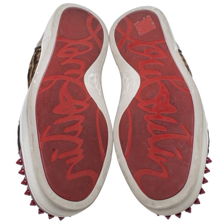 Pre Owned Christian Louboutin Multicolor Leopard Print Pony Hair And Patent Leather Louis Junior Spikes Sneakers Size 37.5