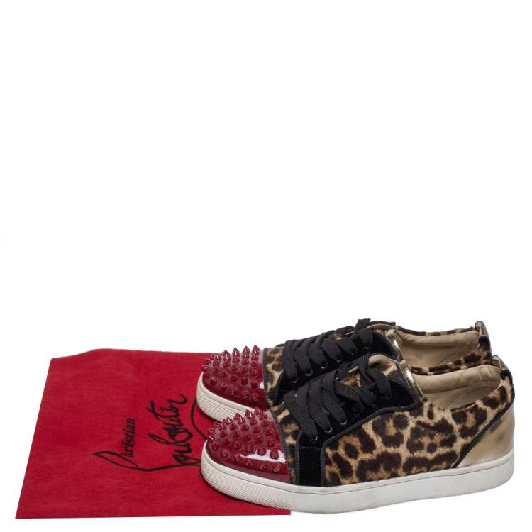 Pre Owned Christian Louboutin Multicolor Leopard Print Pony Hair And Patent Leather Louis Junior Spikes Sneakers Size 37.5
