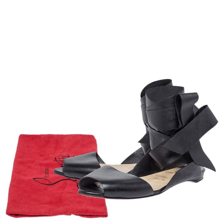 Pre Owned Christian Louboutin Black Leather Du Desert Wrap Up Flat Sandals Size 39.5
