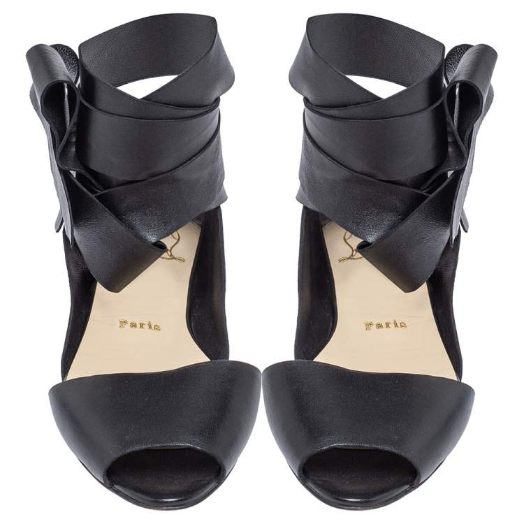 Pre Owned Christian Louboutin Black Leather Du Desert Wrap Up Flat Sandals Size 39.5