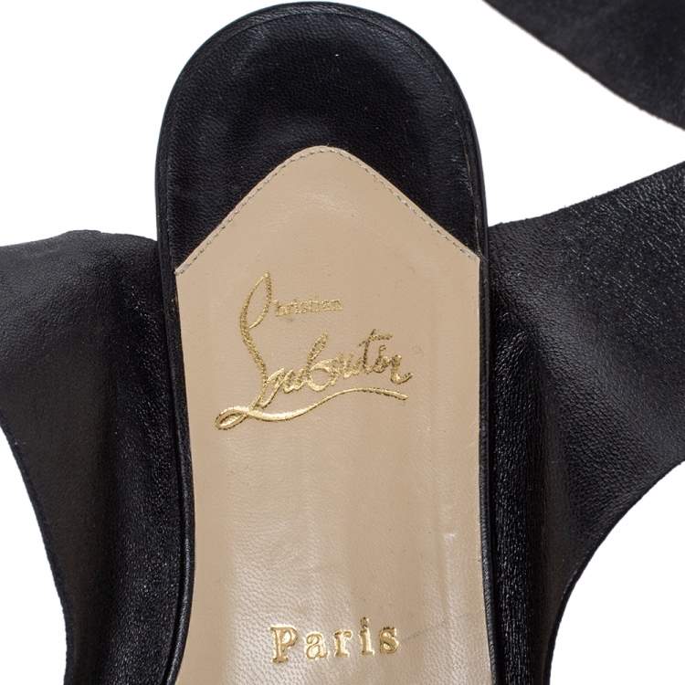 Pre Owned Christian Louboutin Black Leather Du Desert Wrap Up Flat Sandals Size 39.5