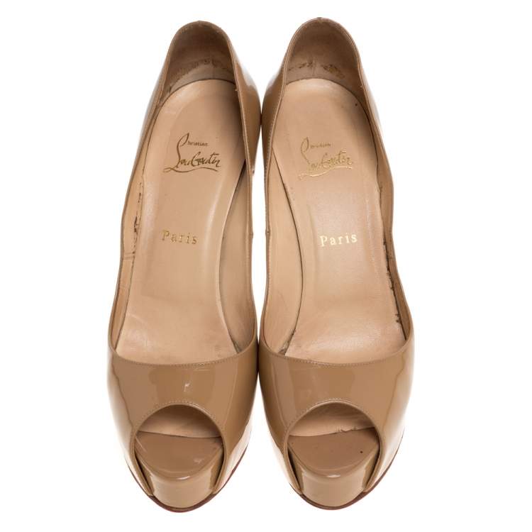Pre Owned Christian Louboutin Beige Patent Leather Very Prive Peep Toe Pumps Size 40.5