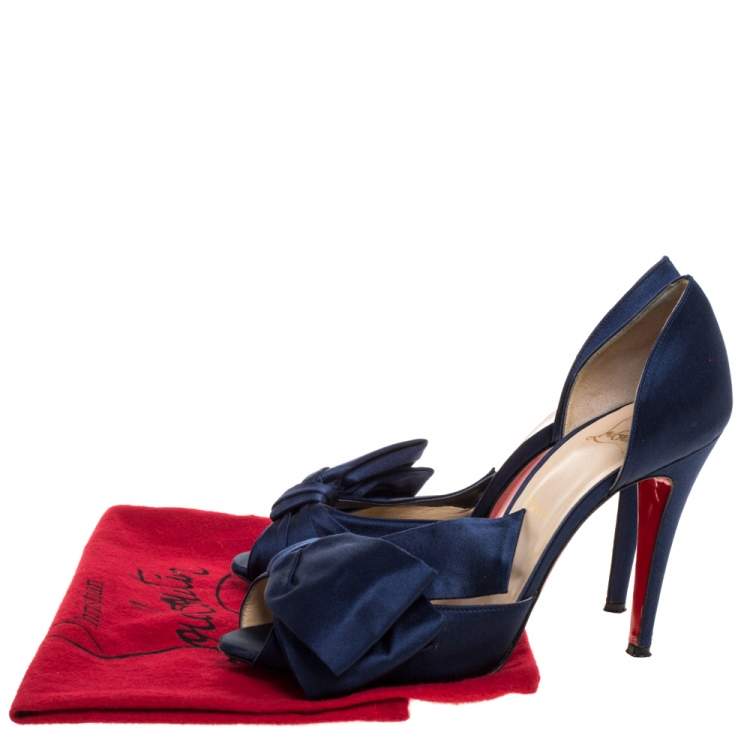 Pre Owned Christian Louboutin Blue Satin Bow T Dorcet Peep Toe Sandals Size 39