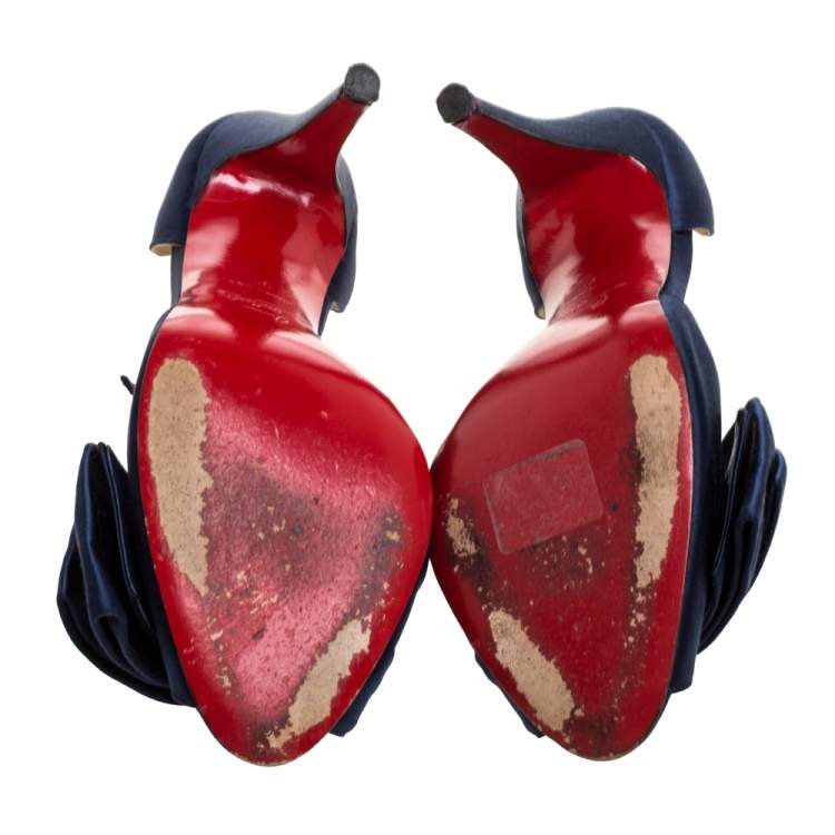 Pre Owned Christian Louboutin Blue Satin Bow T Dorcet Peep Toe Sandals Size 39