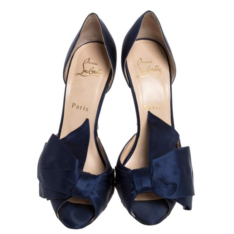 Pre Owned Christian Louboutin Blue Satin Bow T Dorcet Peep Toe Sandals Size 39