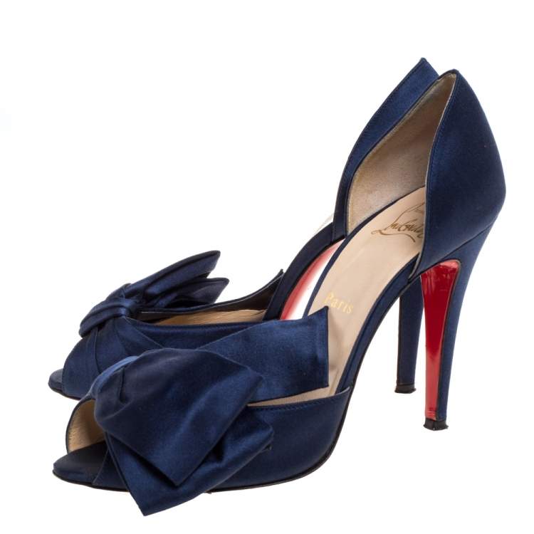Pre Owned Christian Louboutin Blue Satin Bow T Dorcet Peep Toe Sandals Size 39