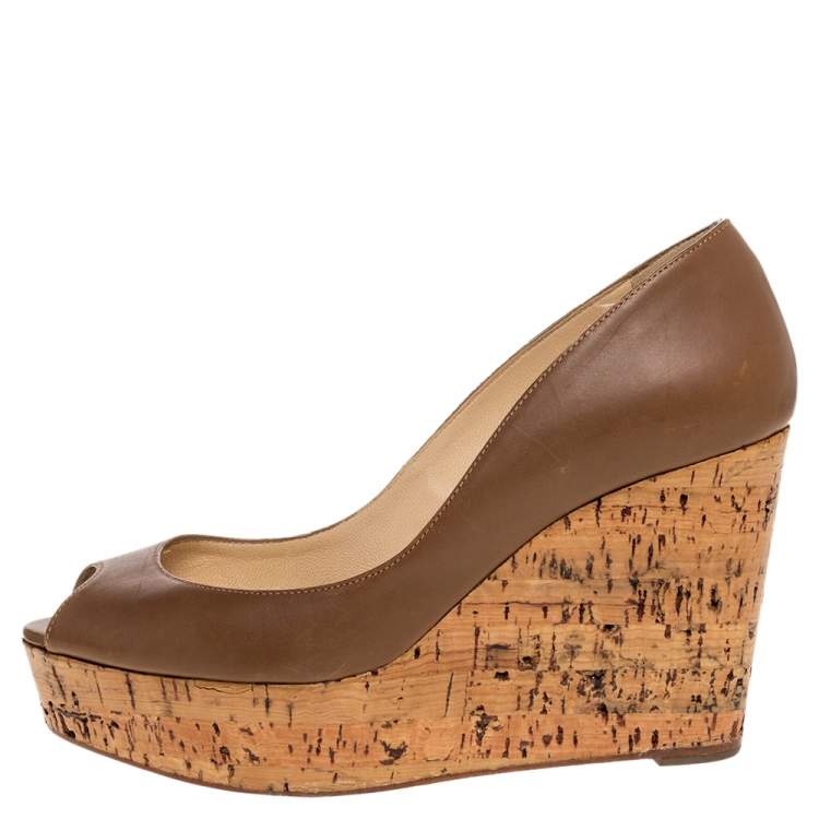 Pre Owned Christian Louboutin Brown Leather Coroclic Cork Wedge Peep Toe Platform Pumps Size 36
