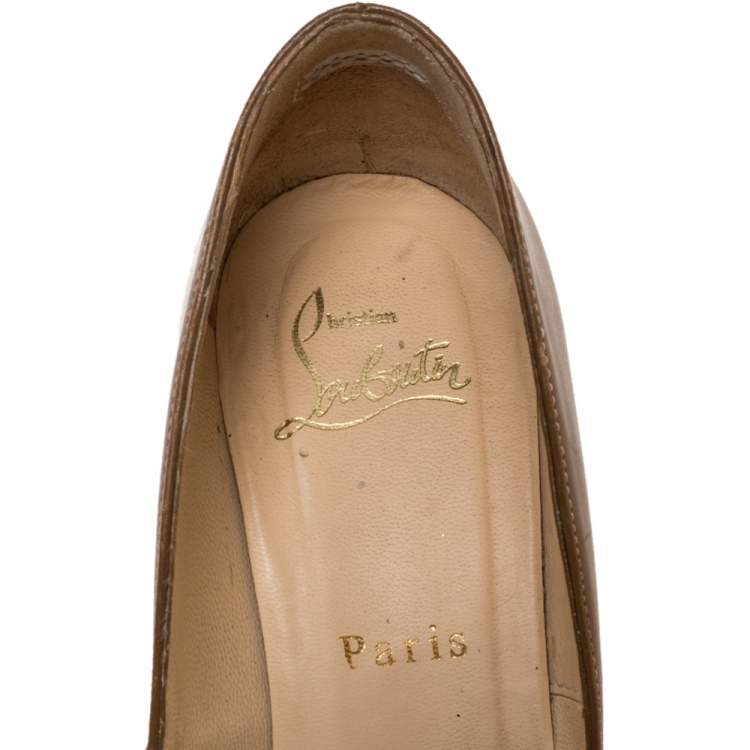 Pre Owned Christian Louboutin Brown Leather Coroclic Cork Wedge Peep Toe Platform Pumps Size 36