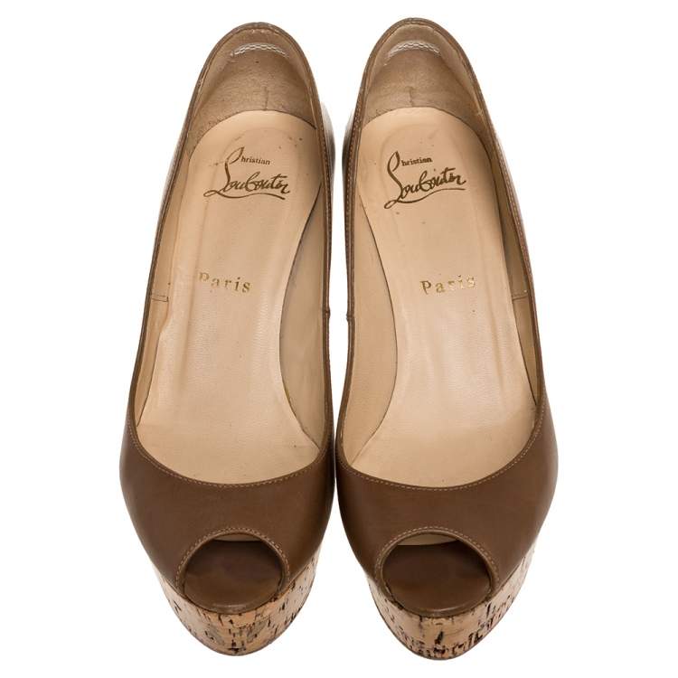Pre Owned Christian Louboutin Brown Leather Coroclic Cork Wedge Peep Toe Platform Pumps Size 36
